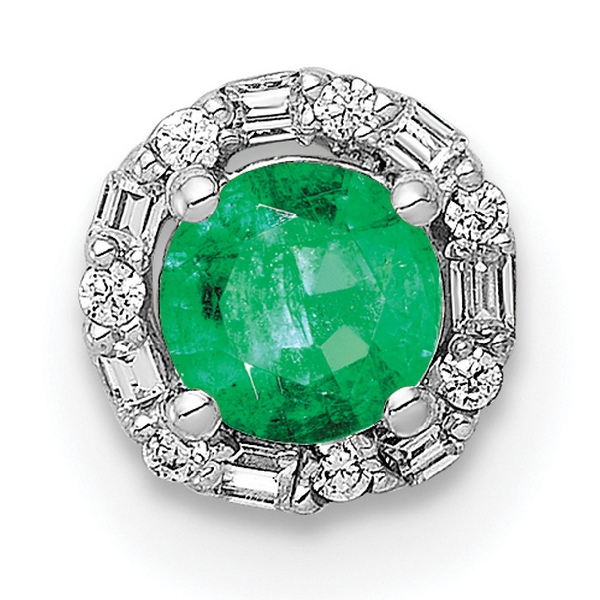 14k White Gold Stud Earrings with Emerald Center and Diamond Halo