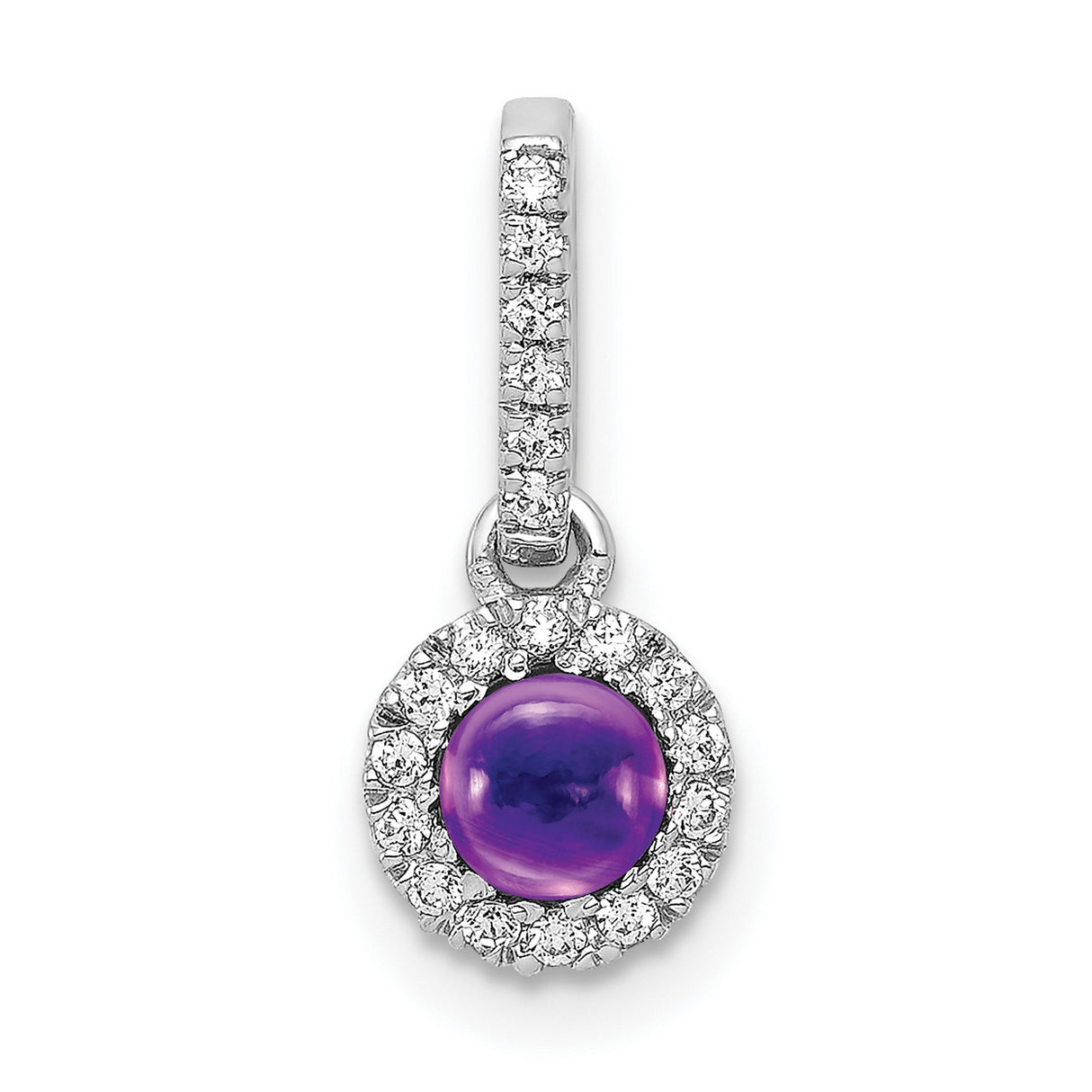 14k White Gold Amethyst Pendant with Diamond Halo, Round Cabochon February Birthstone Charm