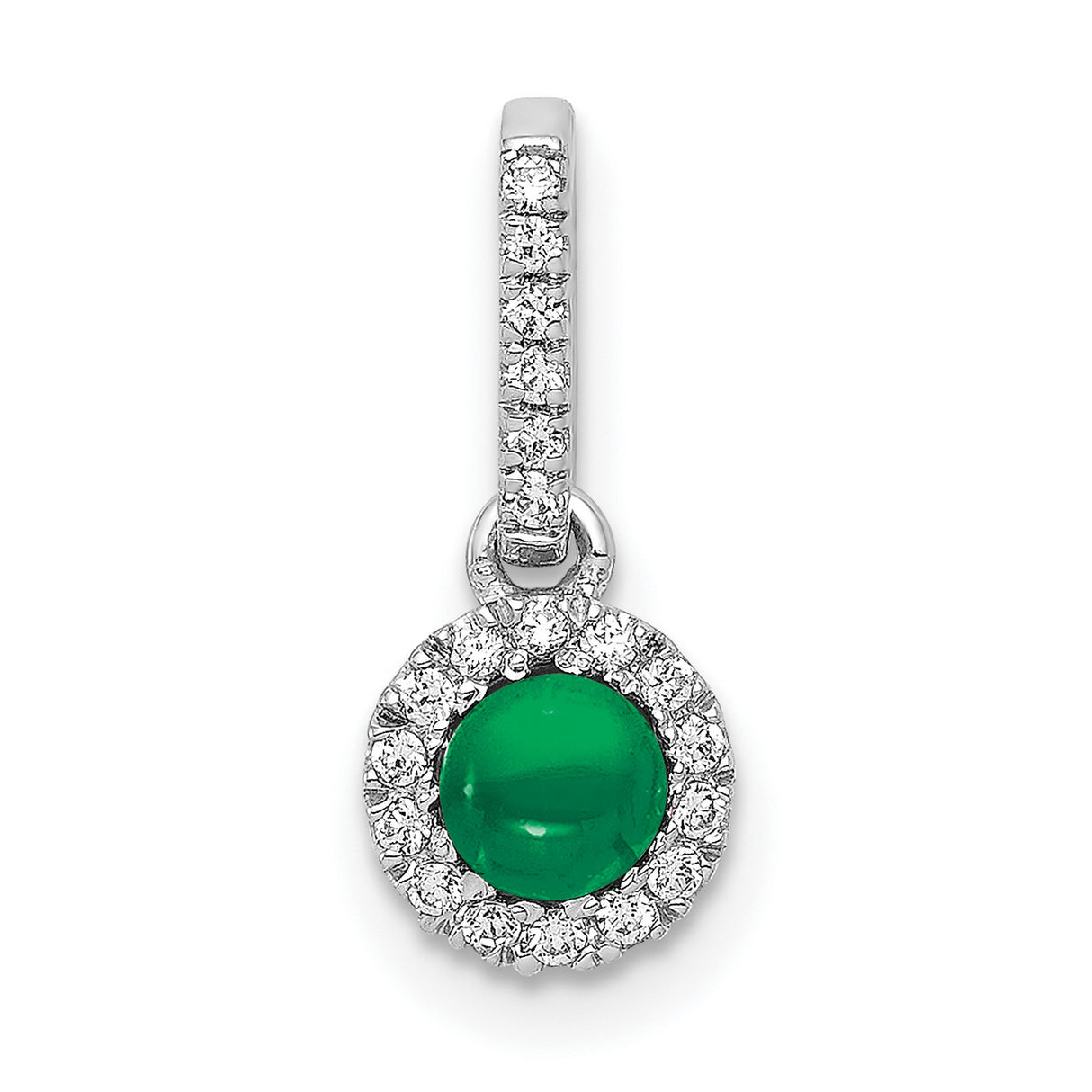 Halo Diamond and Cabochon .47 Emerald Charm Pendant in Real 14k White Gold