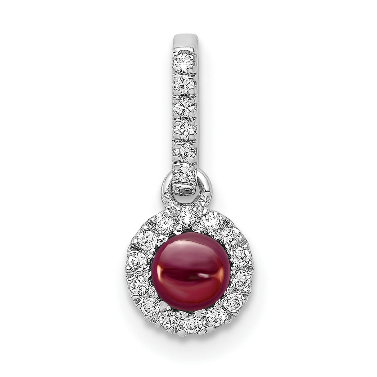 14k White Gold Dangle Pendant with Garnet and Diamond Halo Accents for Women