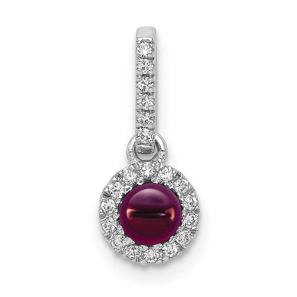 14k White Gold Dangle Earrings with Rhodolite Garnet Center and Diamond Halo Design