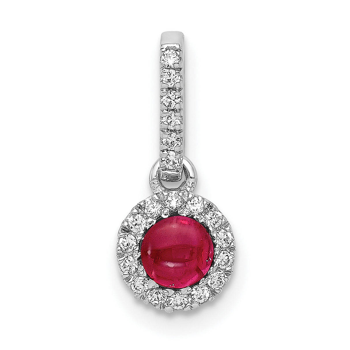 Diamond and Cabochon Ruby Halo Charm Pendant in Real 14k White Gold