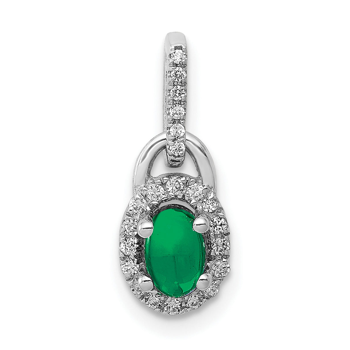 Halo Diamond and Cabochon Emerald Charm Pendant in Real 14k White Gold