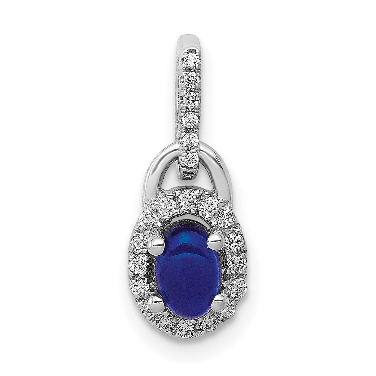 Halo Diamond and Cabochon Sapphire Charm Pendant in Real 14k White Gold