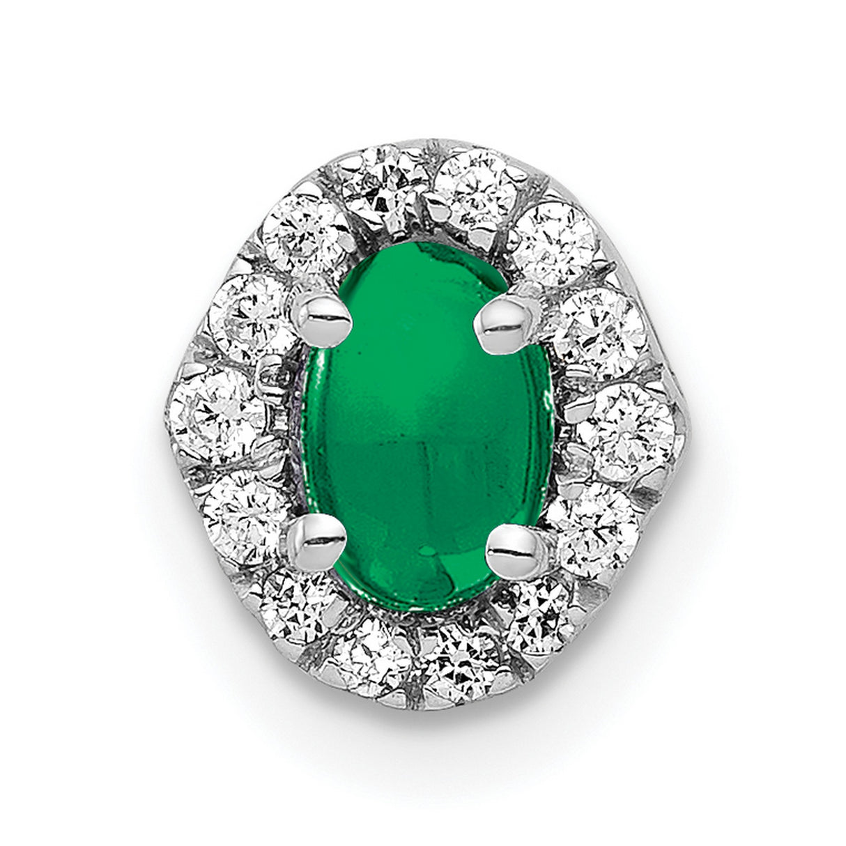 Halo Diamond and Cabochon .73 Emerald Chain Slide Charm Pendant in Real 14k White Gold