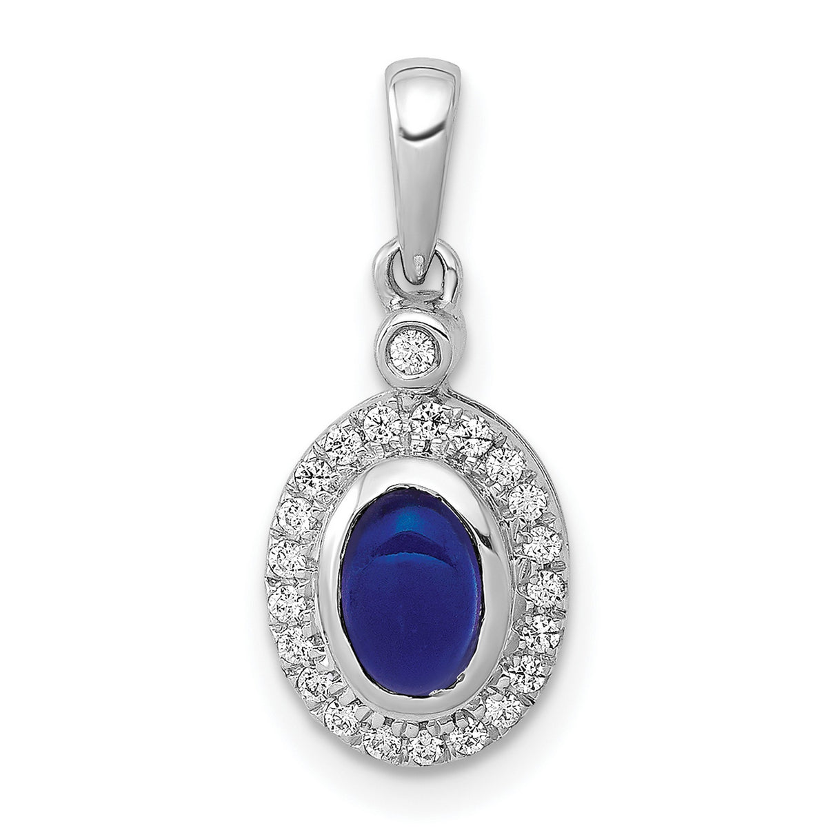 Halo Diamond and Cabochon Sapphire Charm Pendant in Real 14k White Gold
