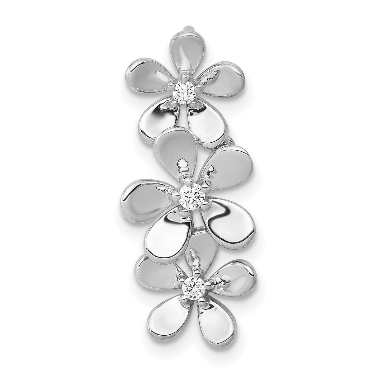 14k White Gold Pendant with Diamond Accents, Three Polished Flowers, Botanical Design