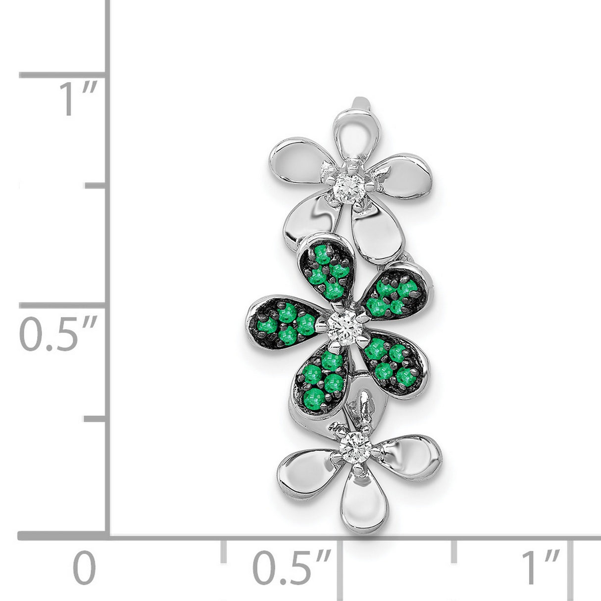 Diamond and Emerald 3 Flowers Charm Pendant in Real 14k White Gold