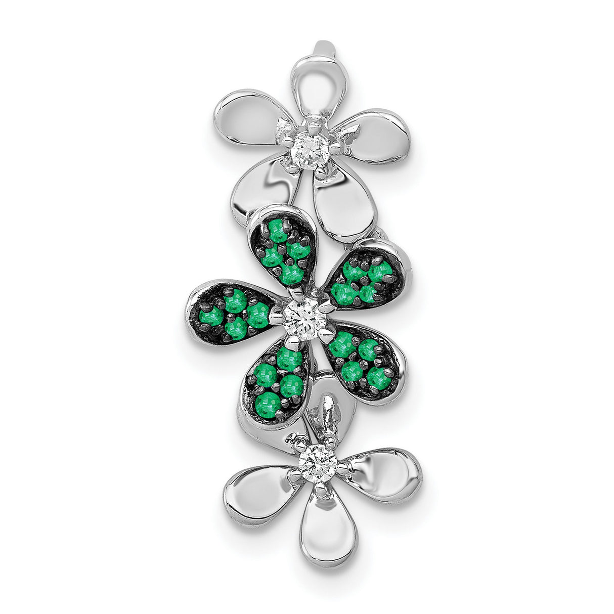 Diamond and Emerald 3 Flowers Charm Pendant in Real 14k White Gold