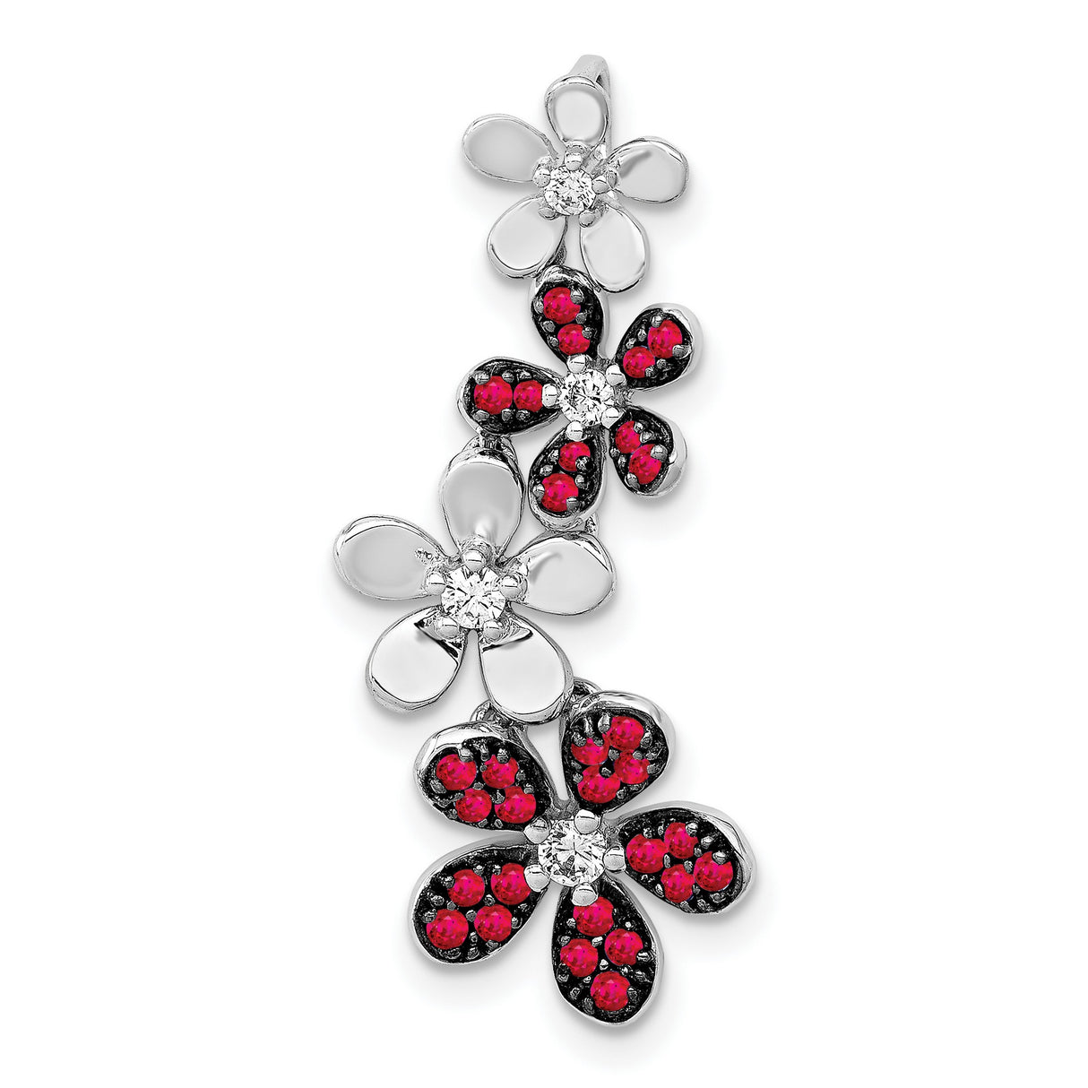 14k White Gold Floral Pendant with Ruby and Diamond Accents, Nature-Inspired Slide Design