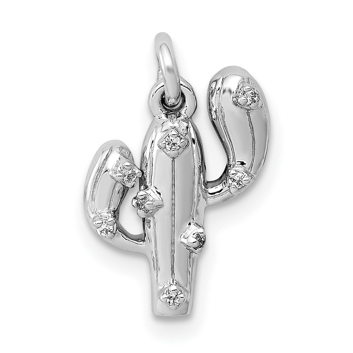 14k White Gold Cactus Pendant with Diamond Accents, Desert Theme Minimalist Jewelry for Women