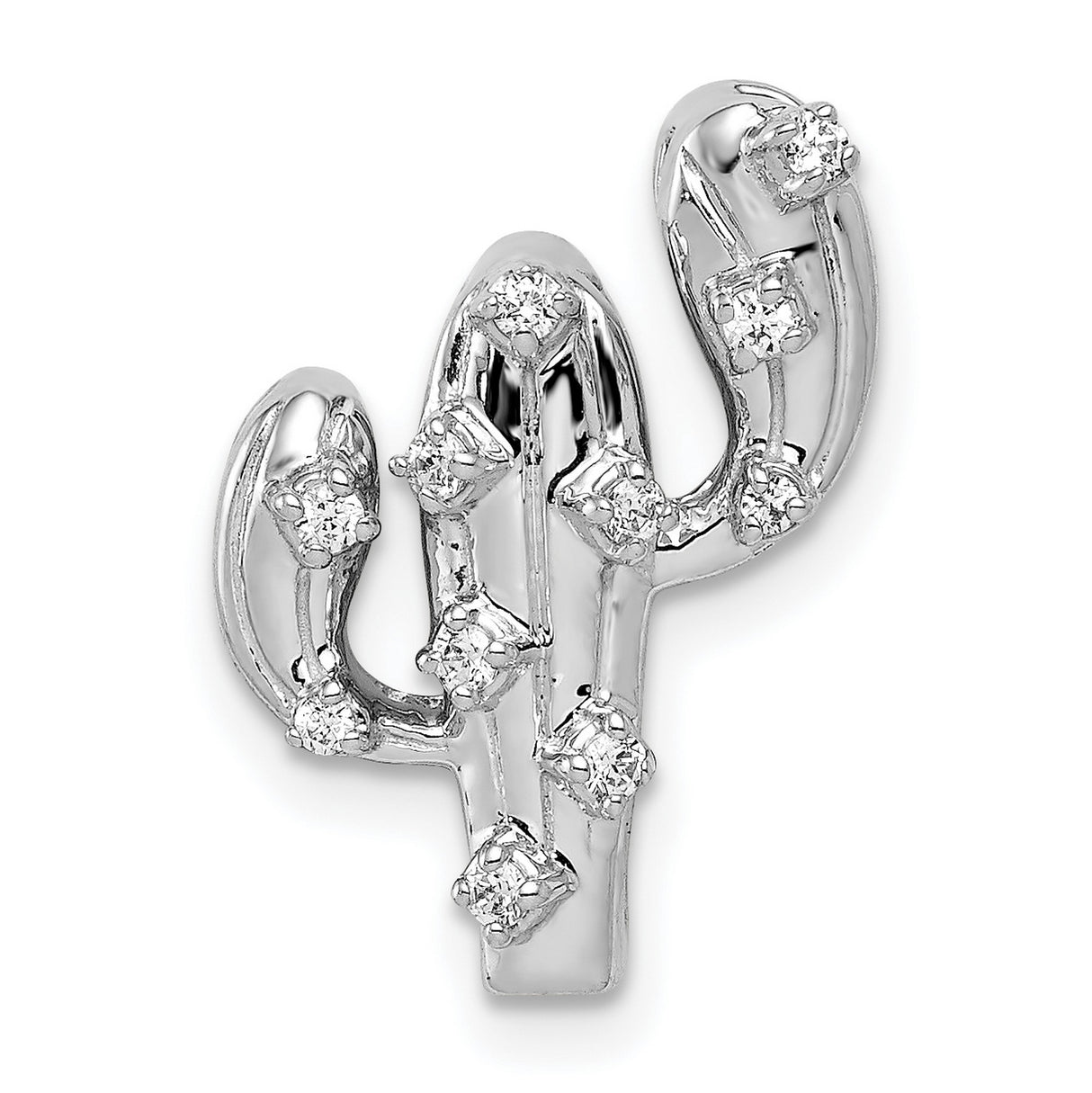 14k White Gold Cactus Pendant with Diamond Accents, Botanical Nature Charm for Women