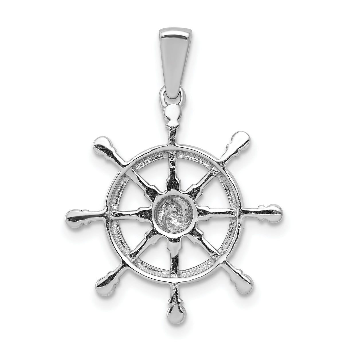 14k White Gold Ship Wheel Pendant with Diamond Accents, Nautical Helm Design for Women