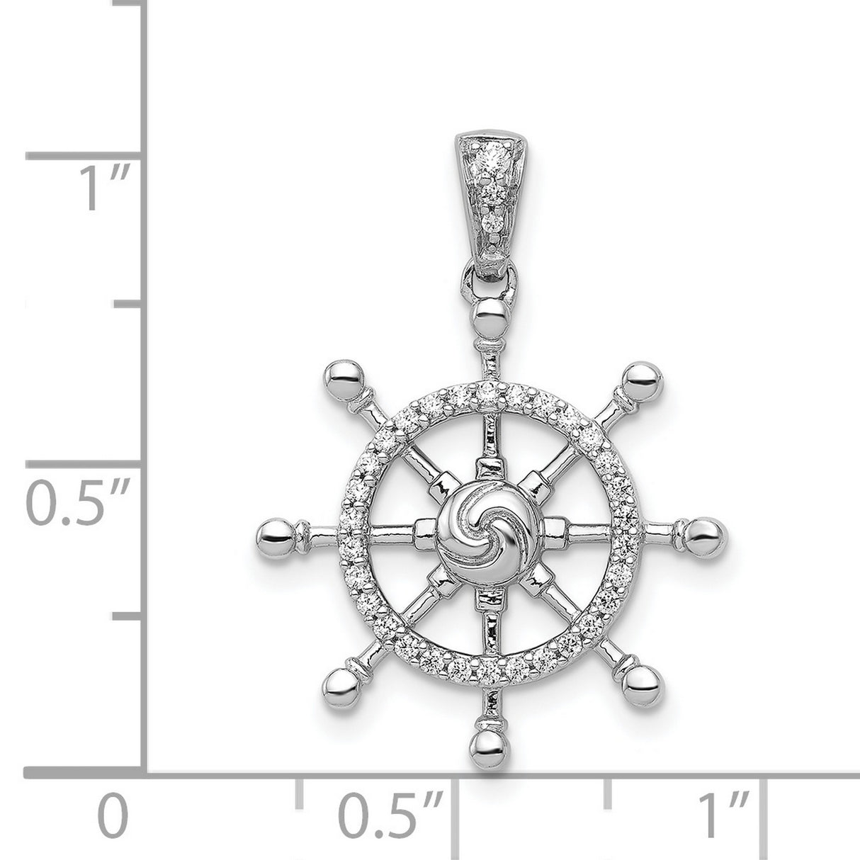 14k White Gold Ship Wheel Pendant with Diamond Accents, Nautical Helm Design for Women