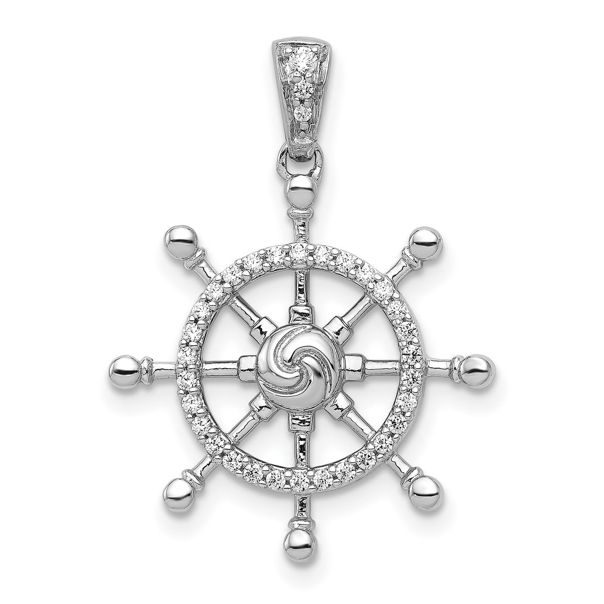 14k White Gold Ship Wheel Pendant with Diamond Accents, Nautical Helm Design for Women