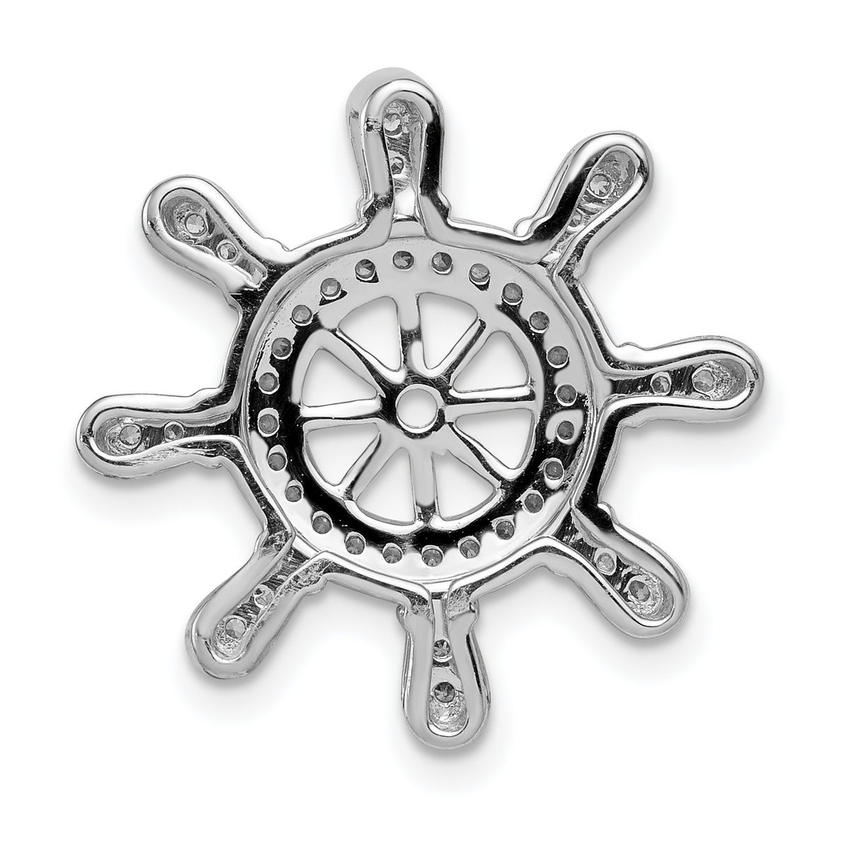 14k White Gold Nautical Wheel Pendant with Diamond, Maritime Ship Wheel Charm