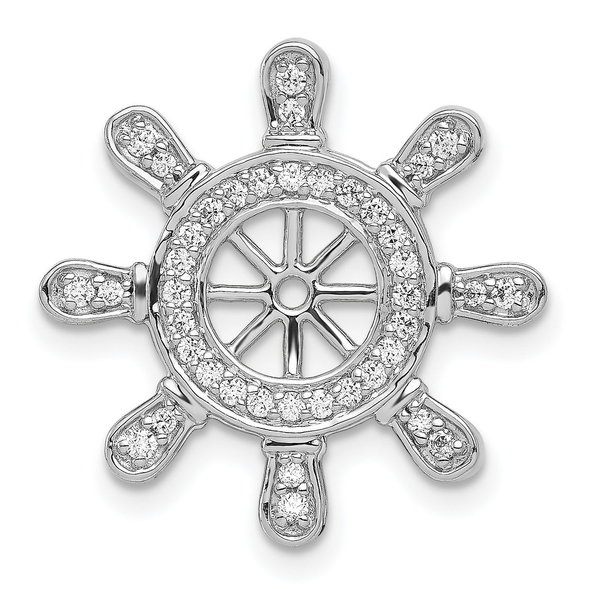 14k White Gold Nautical Wheel Pendant with Diamond, Maritime Ship Wheel Charm