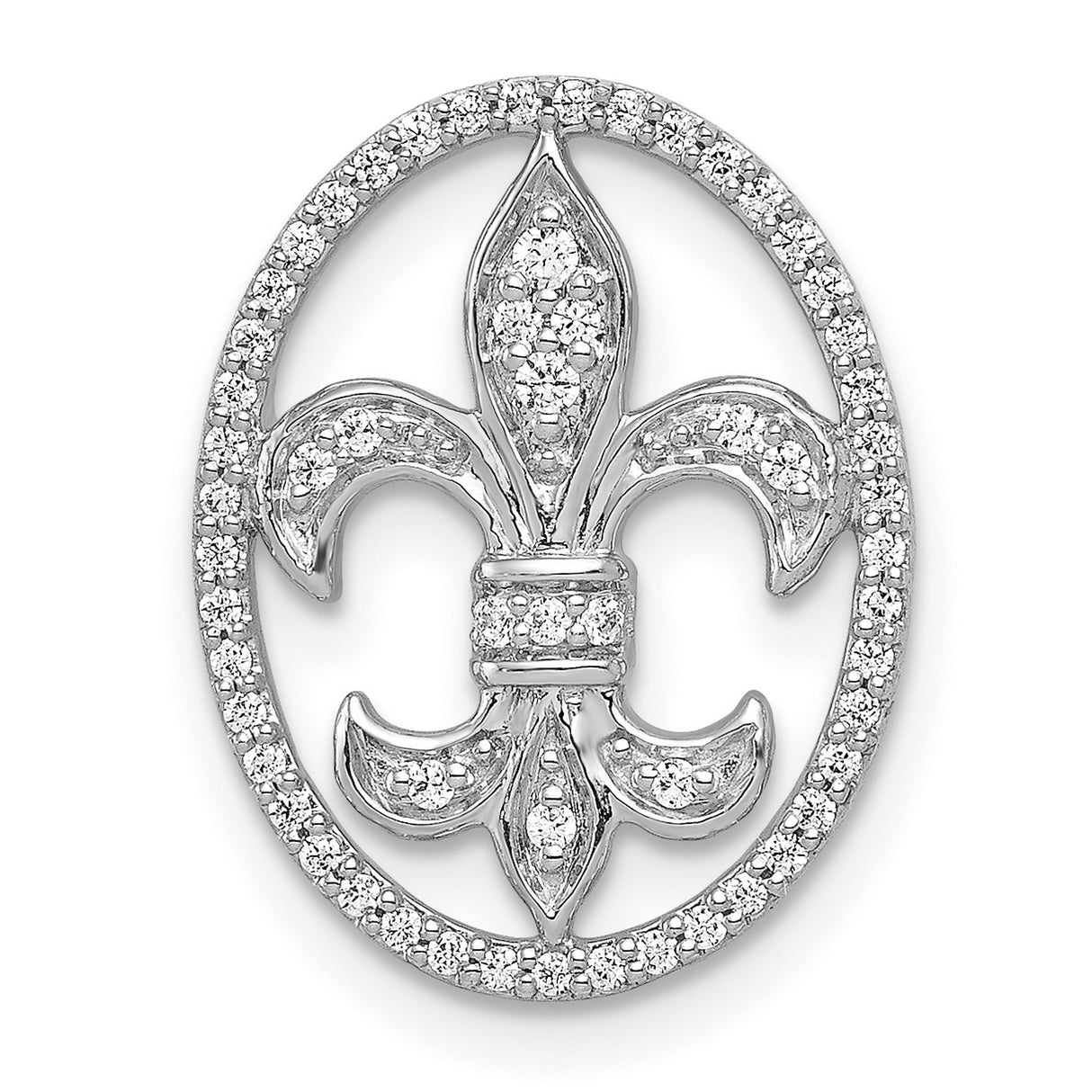 14k White Gold Diamond Fleur-de-Lis Pendant with Oval Frame, Christian French Heritage Jewelry