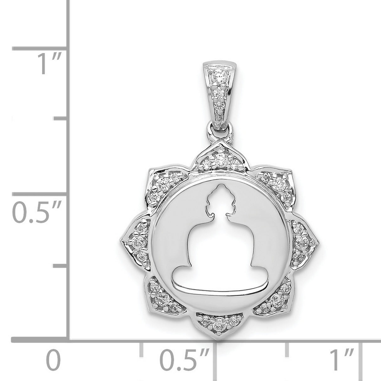 14k White Gold Buddha Pendant with Diamond Accents, Lotus Flower and Meditating Silhouette