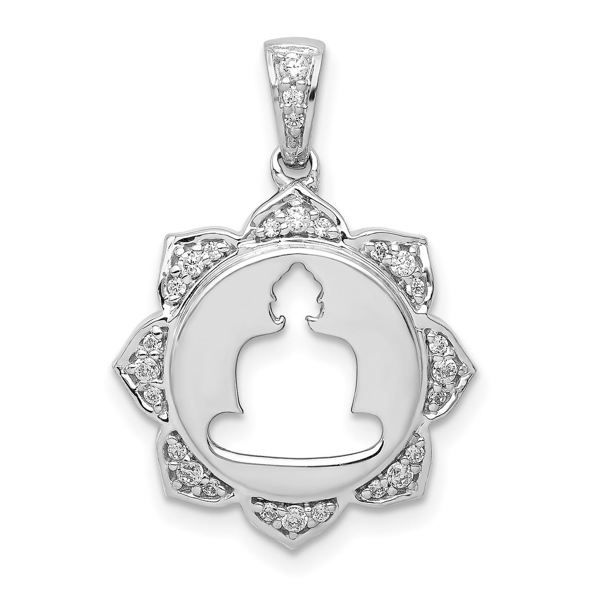 14k White Gold Buddha Pendant with Diamond Accents, Lotus Flower and Meditating Silhouette