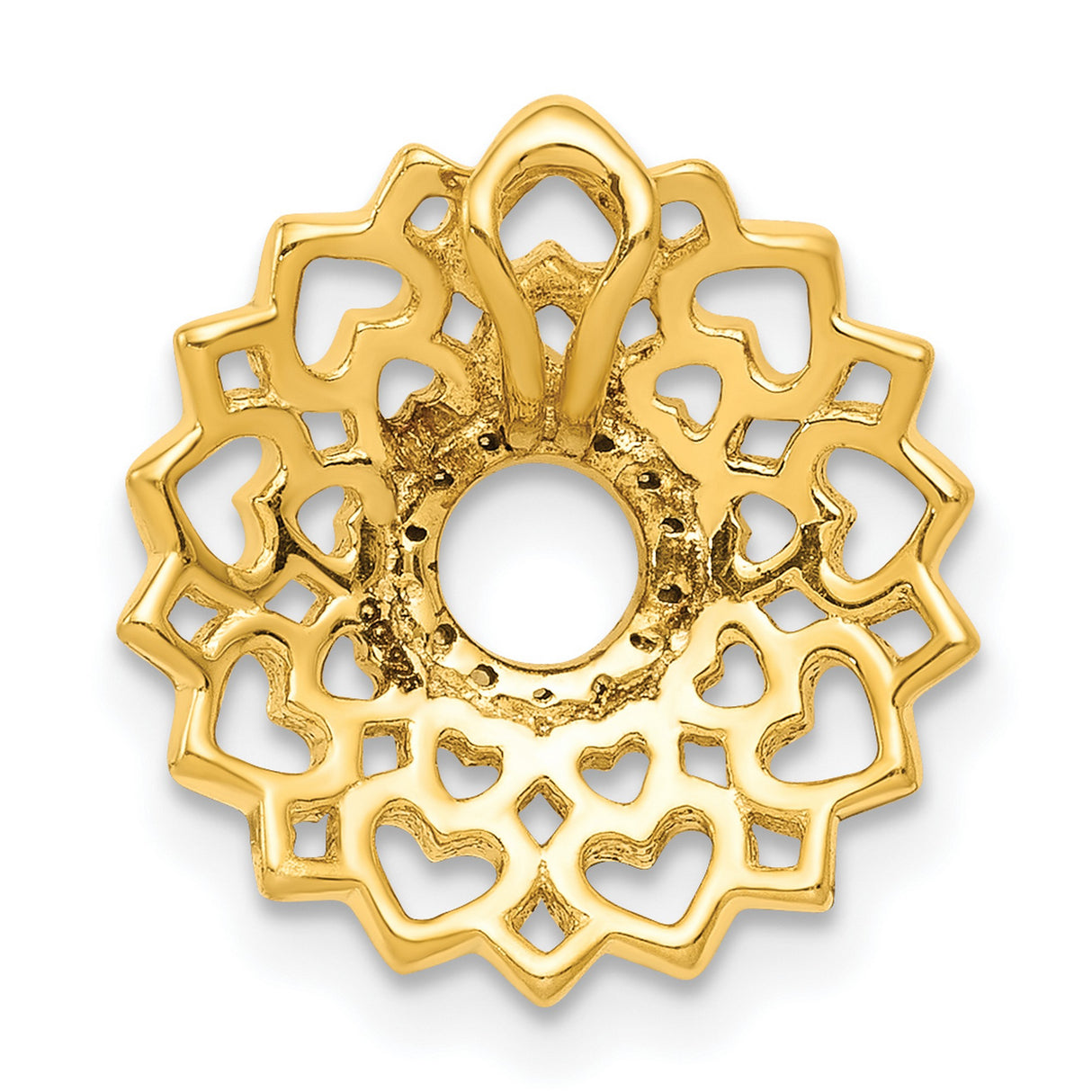 14k Yellow Gold Mandala Pendant with Diamond Center, Openwork Heart Design, Spiritual Floral Theme