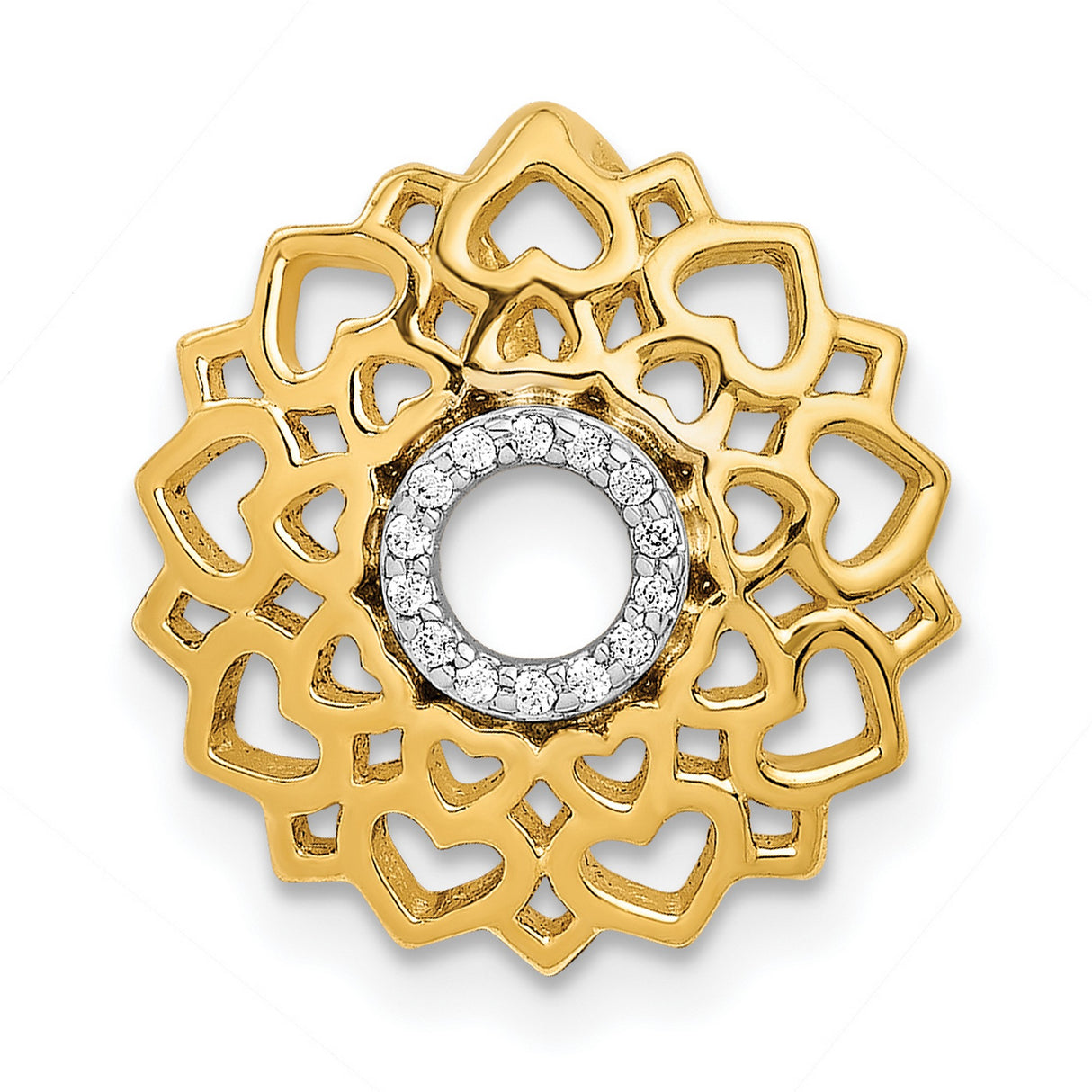 14k Yellow Gold Mandala Pendant with Diamond Center, Openwork Heart Design, Spiritual Floral Theme