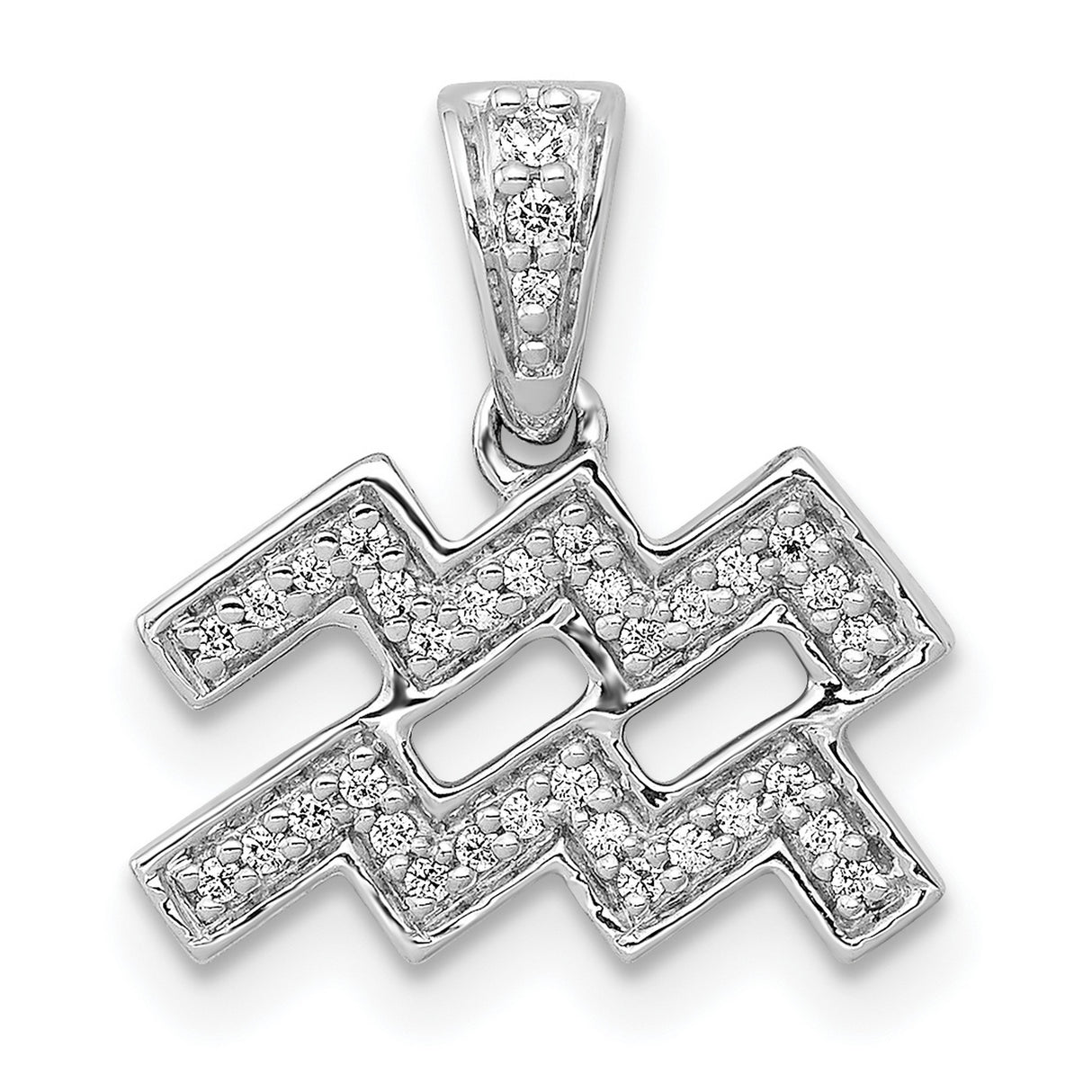 14k White Gold Aquarius Zodiac Pendant with Pavé Diamonds, Astrology Symbol Charm