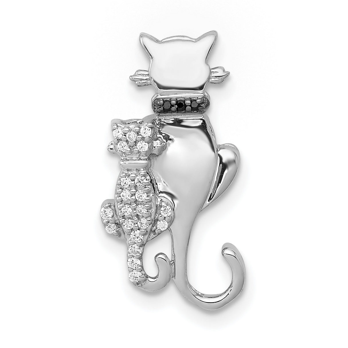 14k White Gold Cat Pendant with Black Diamond and Pavé Diamond Accents, Feline Charm for Women