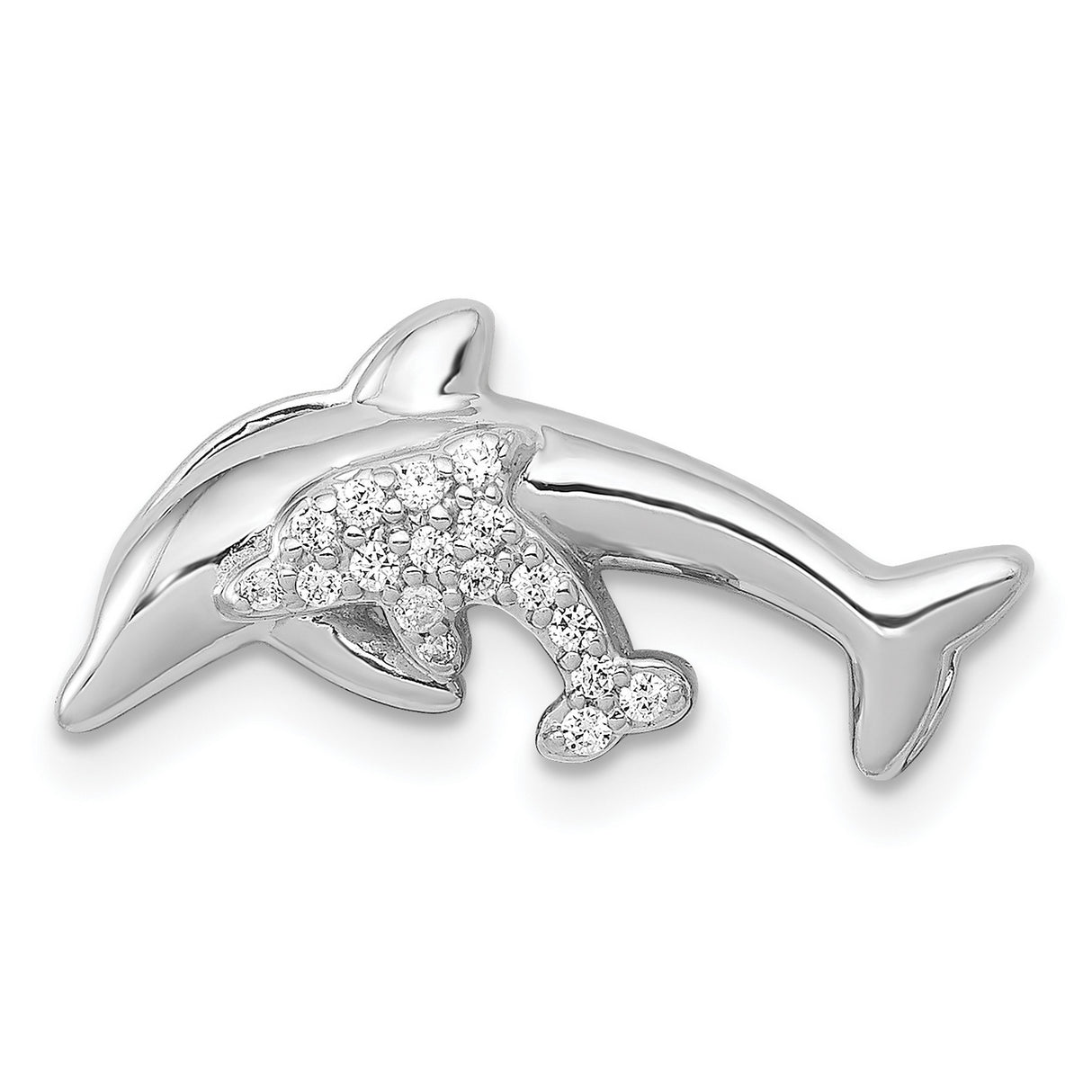 14k White Gold Dolphin Pendant with Diamond Accents, Mother and Baby Ocean Theme