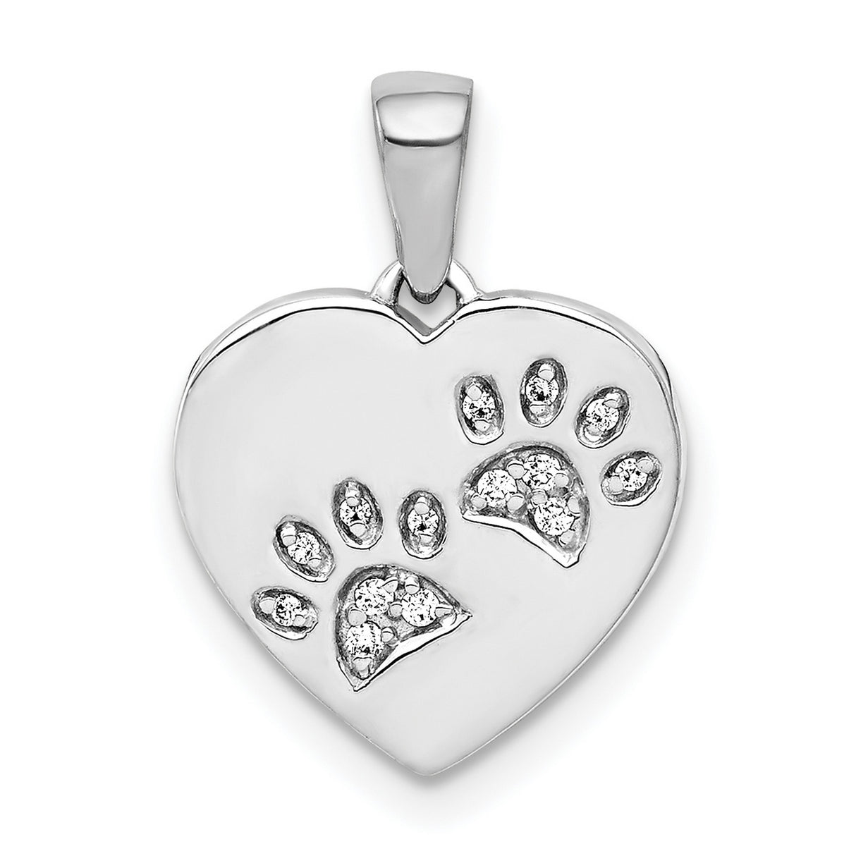 14k White Gold Heart Pendant with Diamond Paw Prints, Pet Memorial Charm for Women