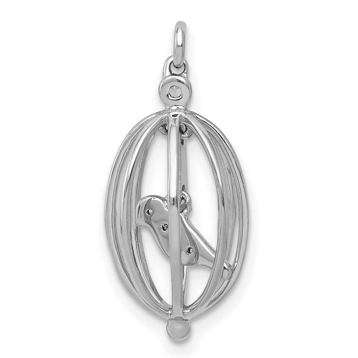14k White Gold Birdcage Pendant with Diamond Bird, Open Cage Design, Symbolic Charm for Women