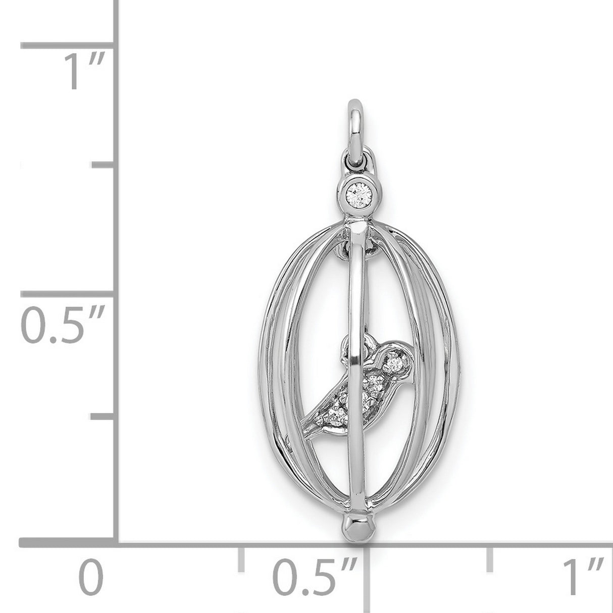 14k White Gold Birdcage Pendant with Diamond Bird, Open Cage Design, Symbolic Charm for Women