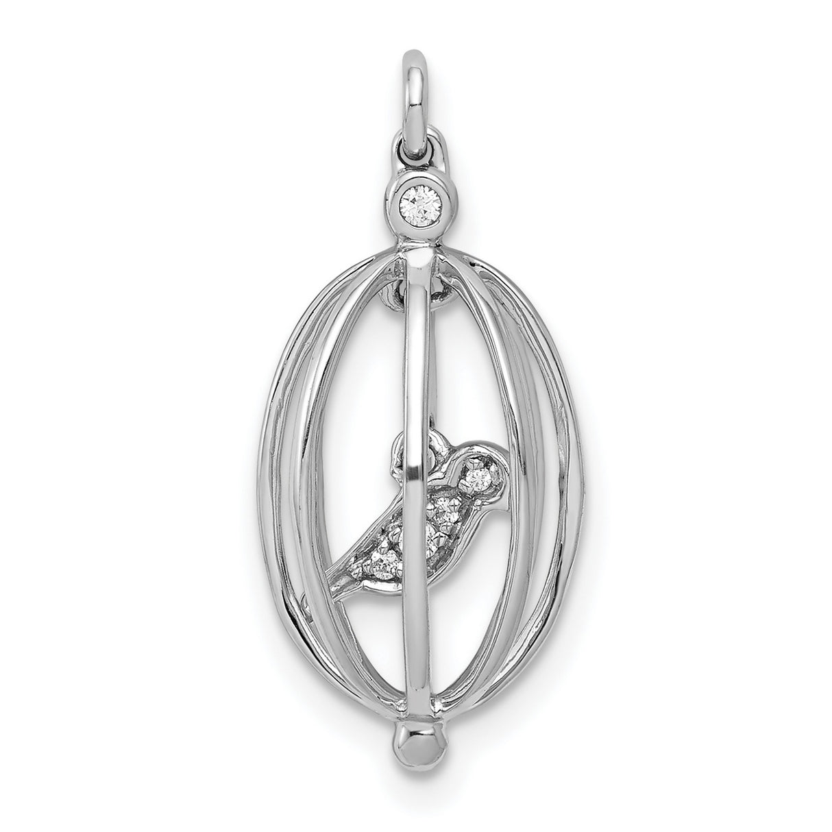 14k White Gold Birdcage Pendant with Diamond Bird, Open Cage Design, Symbolic Charm for Women