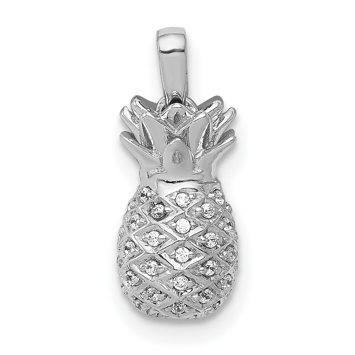 14k White Gold Pineapple Pendant with Pavé Diamond Accents, Tropical Fruit Charm