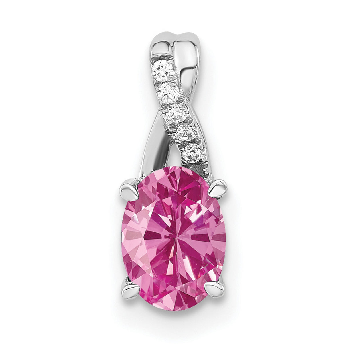 14k White Gold Pendant with Oval Cut Pink Sapphire and Diamond Twist Design