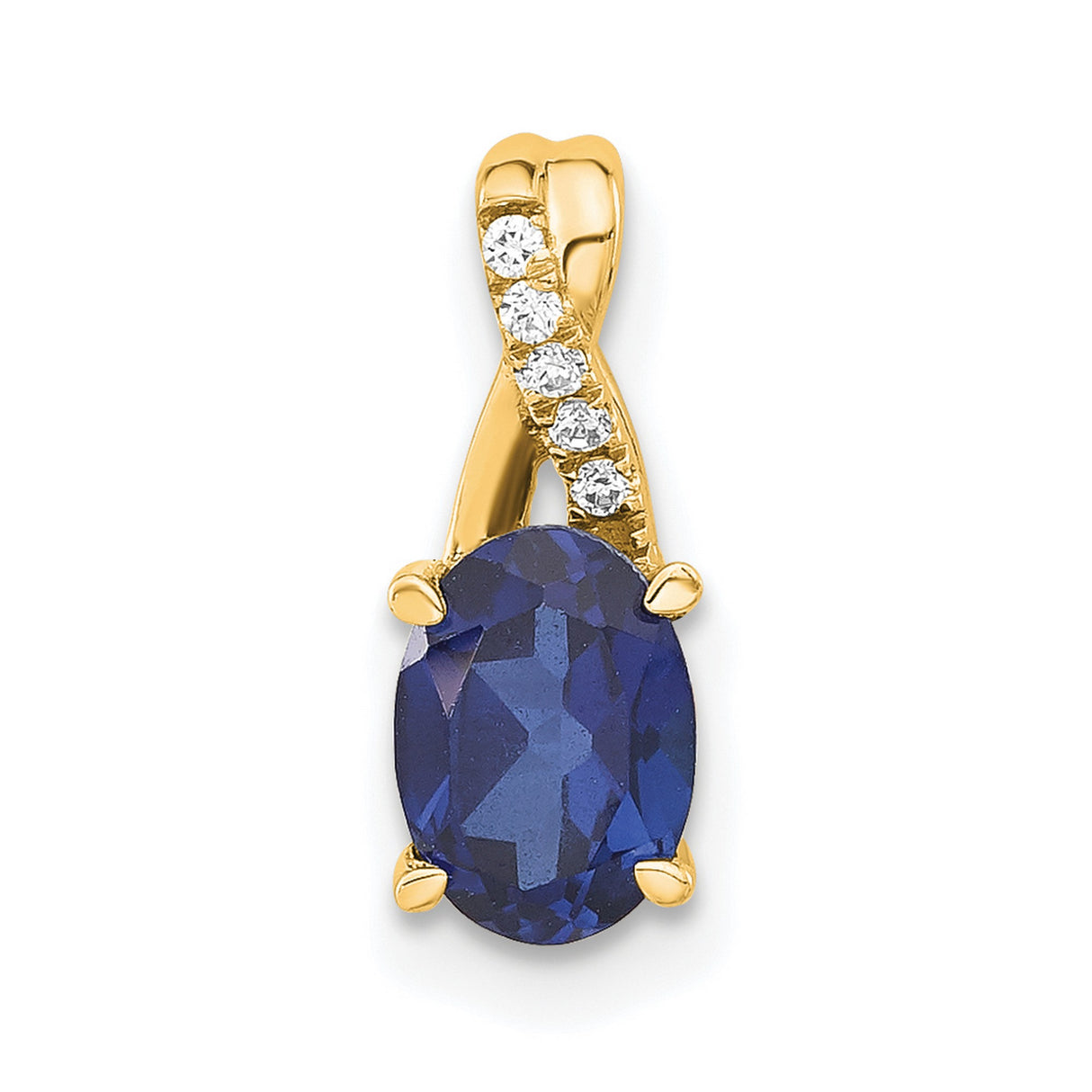 14k Yellow Gold Pendant with Oval Lab Created Blue Sapphire and Diamond, Curved Bail Design