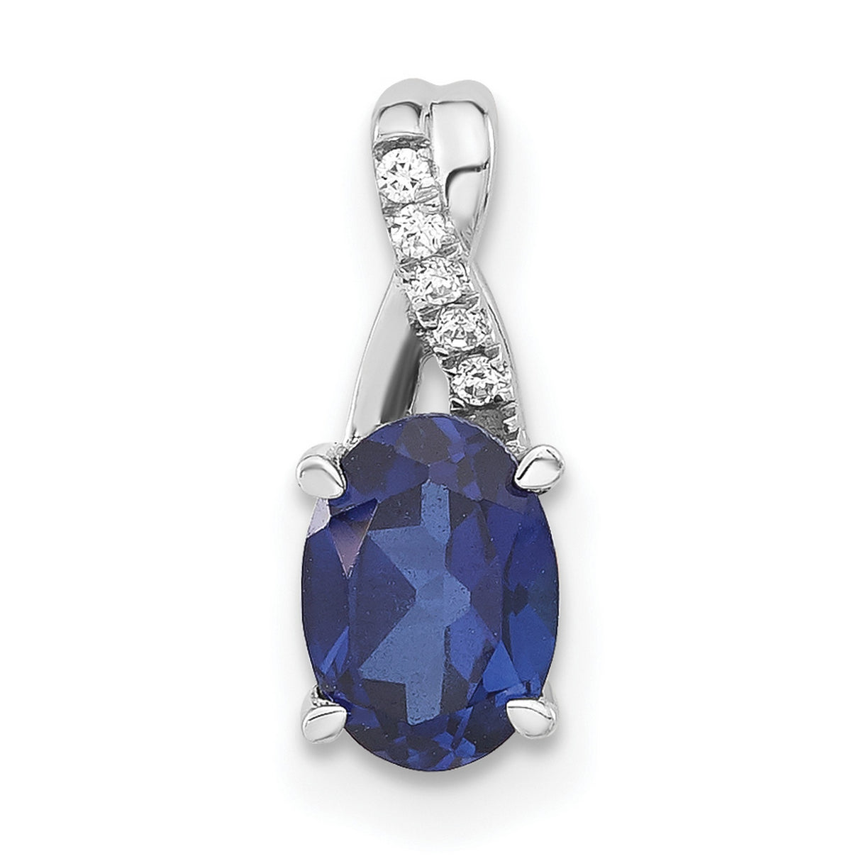 14k White Gold Pendant with Oval Lab Created Sapphire and Diamond Swirl Design