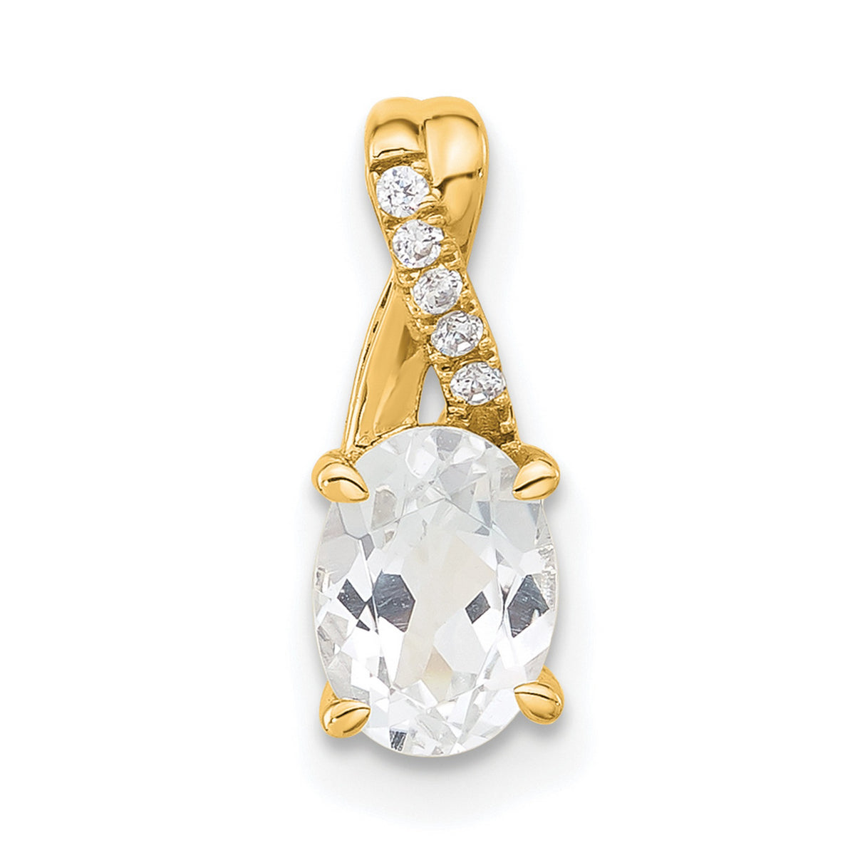 Oval White Topaz and Diamond Charm Pendant in Real 14k Yellow Gold