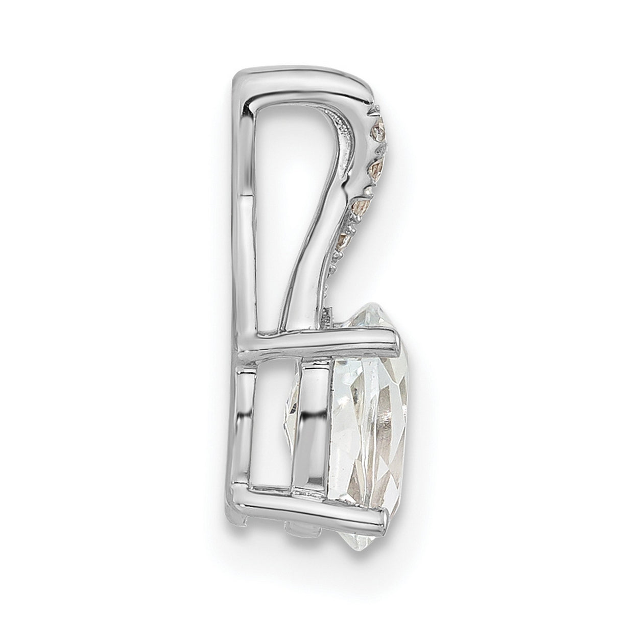 14k White Gold Pendant with Oval White Topaz and Diamond Accent, Curved Bail Design