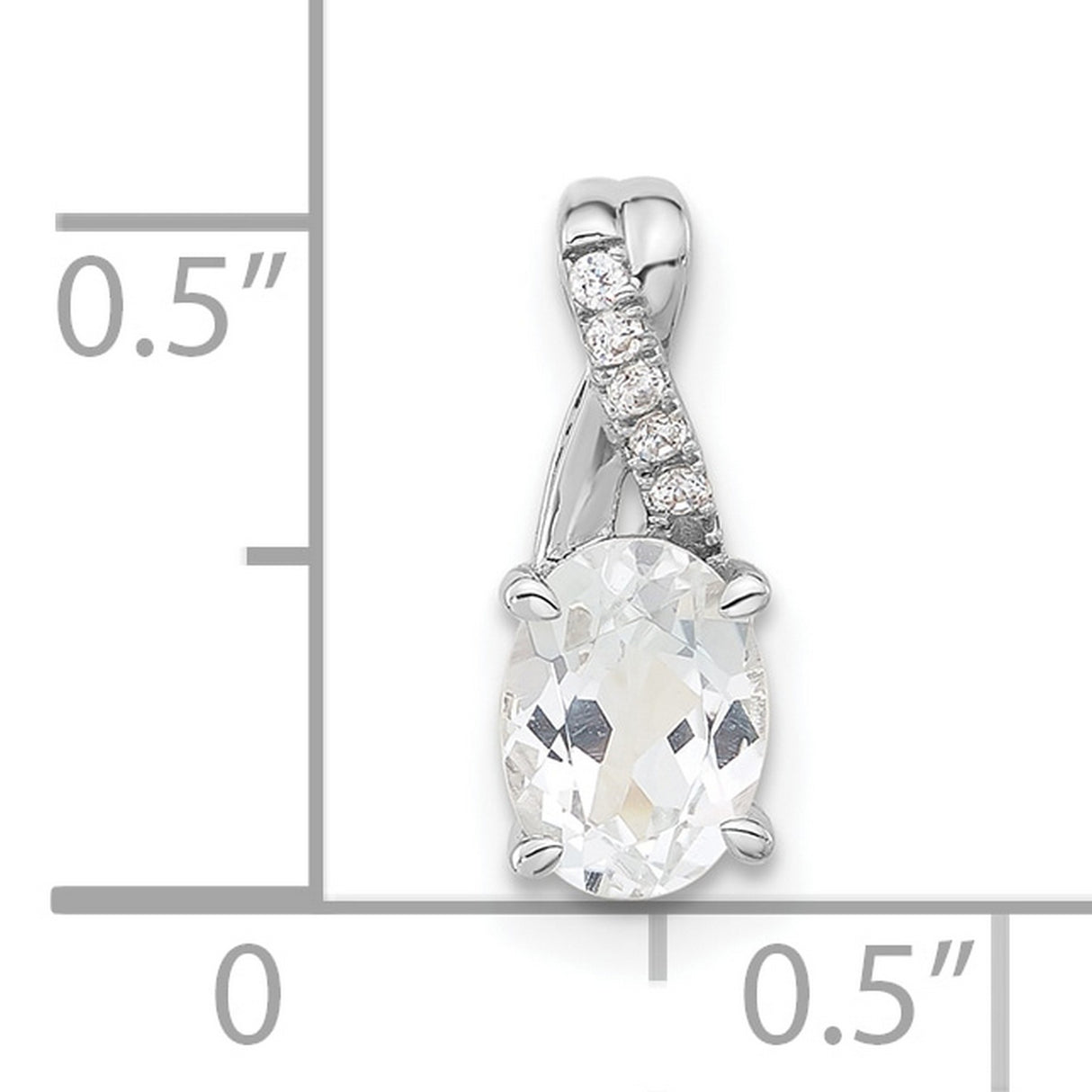 14k White Gold Pendant with Oval White Topaz and Diamond Accent, Curved Bail Design