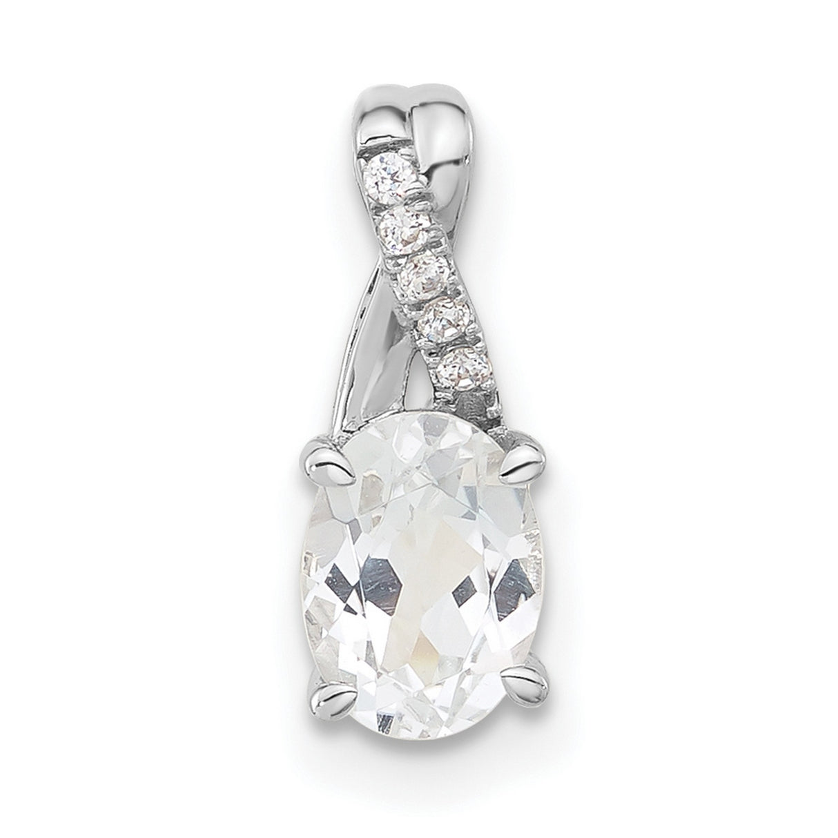 14k White Gold Pendant with Oval White Topaz and Diamond Accent, Curved Bail Design