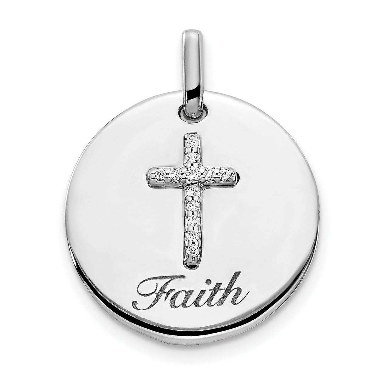 14k White Gold Diamond Cross Pendant with Raised Faith Design for Men and Women