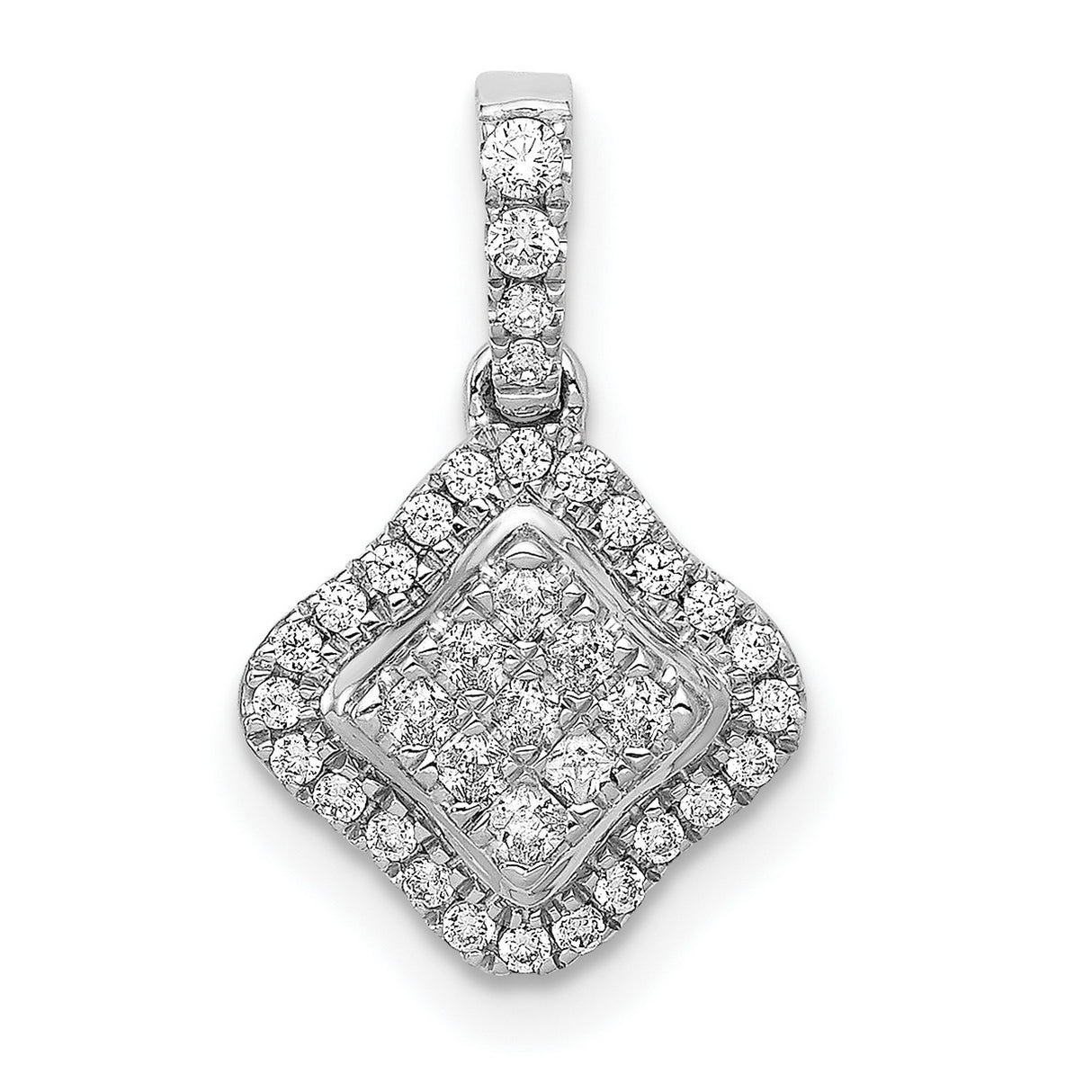 10k White Gold Diamond Pendant with Square Cluster and Double Halo Design