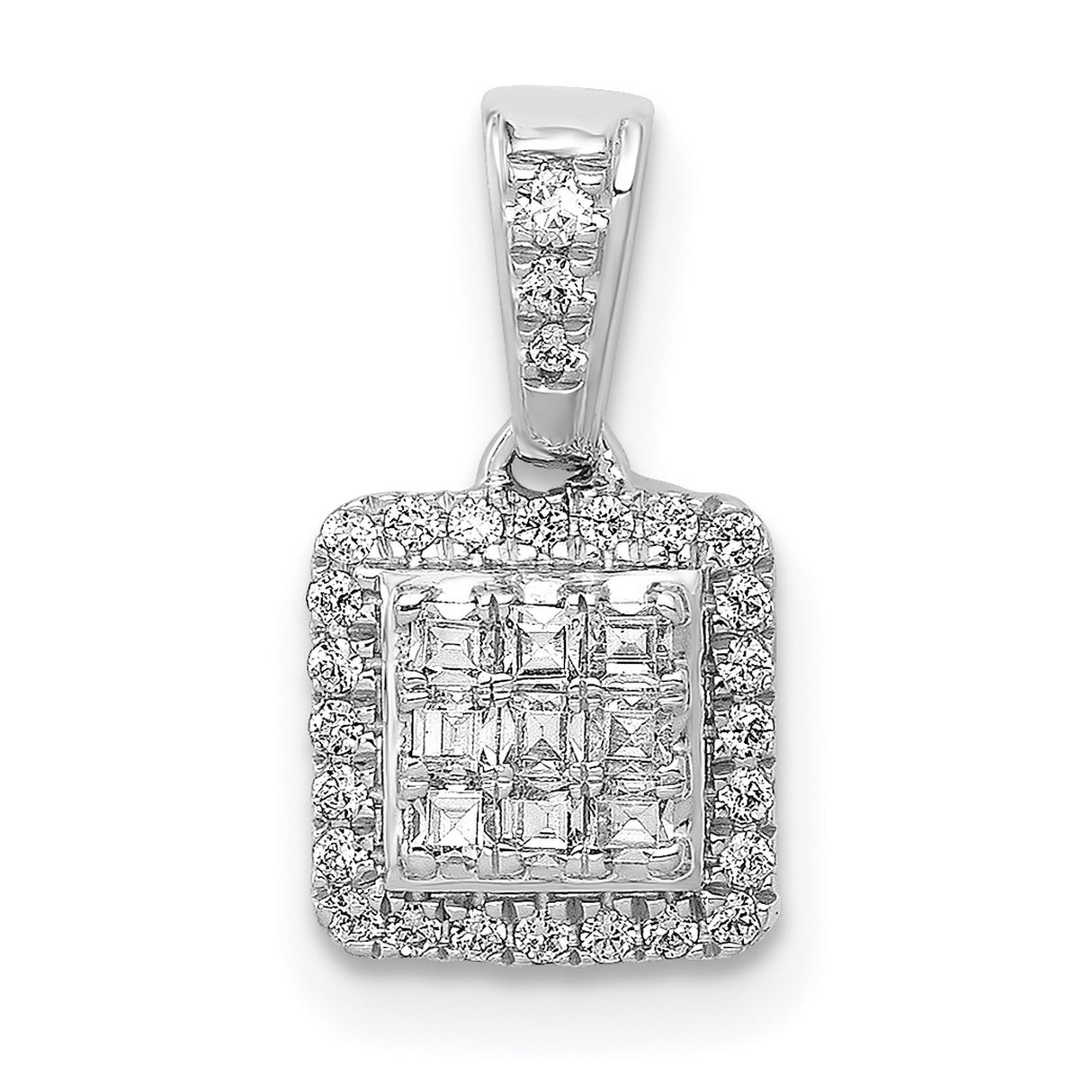 14k White Gold Diamond Pendant with Grid Design Featuring Princess Cut and Round Diamonds