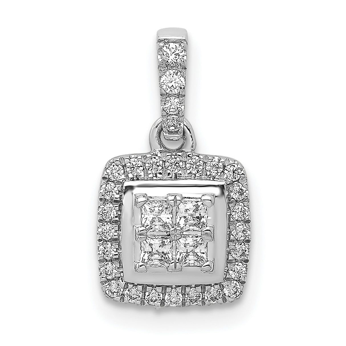 14k White Gold Diamond Pendant with Princess Cut Center and Square Halo Setting