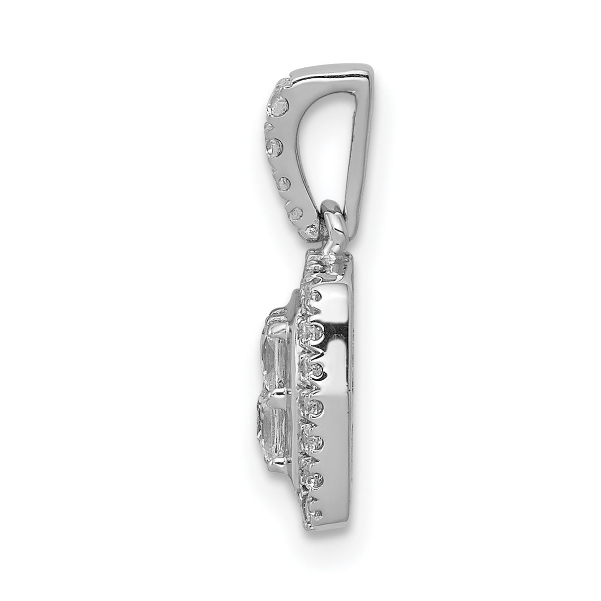 14k White Gold Diamond Pendant with Princess Cut Center and Round Accents in Halo Design