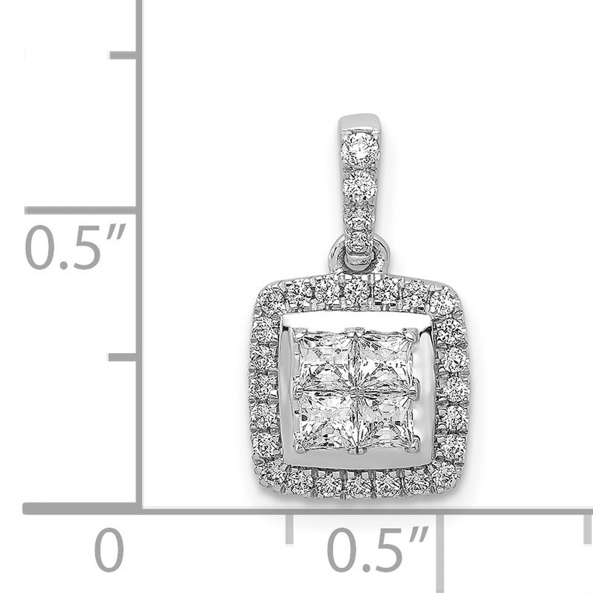 14k White Gold Diamond Pendant with Princess Cut Center and Round Accents in Halo Design