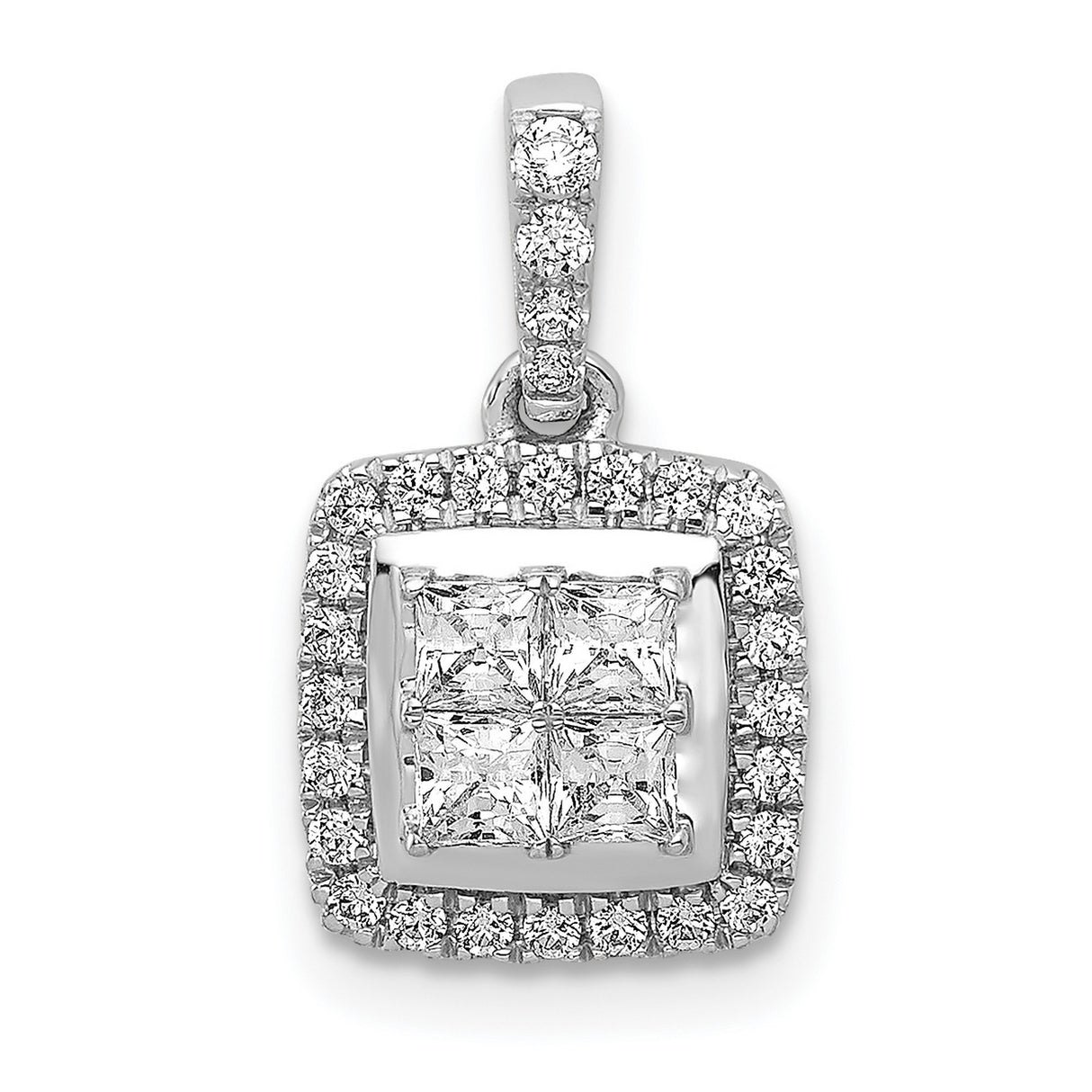 14k White Gold Diamond Pendant with Princess Cut Center and Round Accents in Halo Design