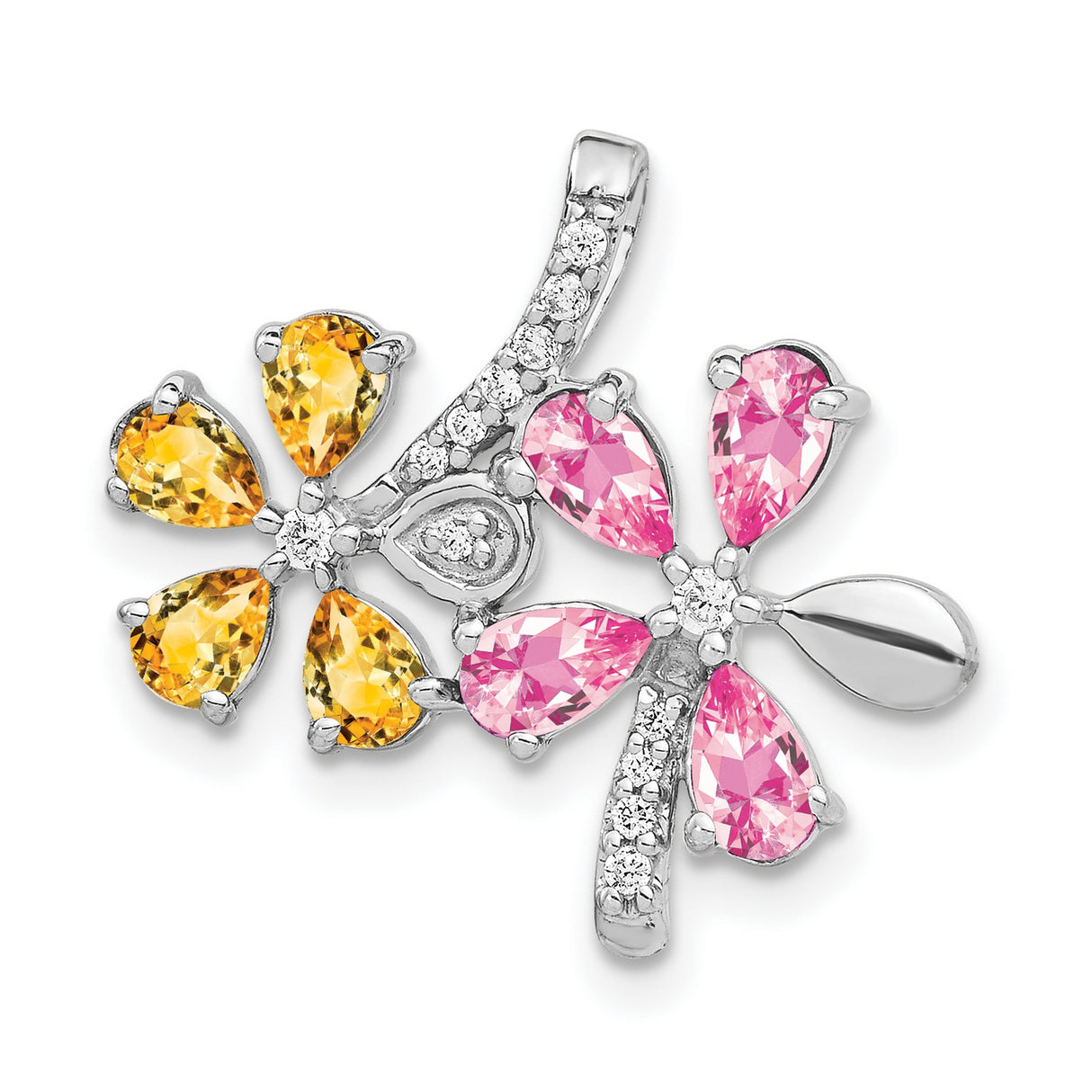 14k White Gold Floral Pendant with Pink Tourmaline, Citrine and Diamond Accents