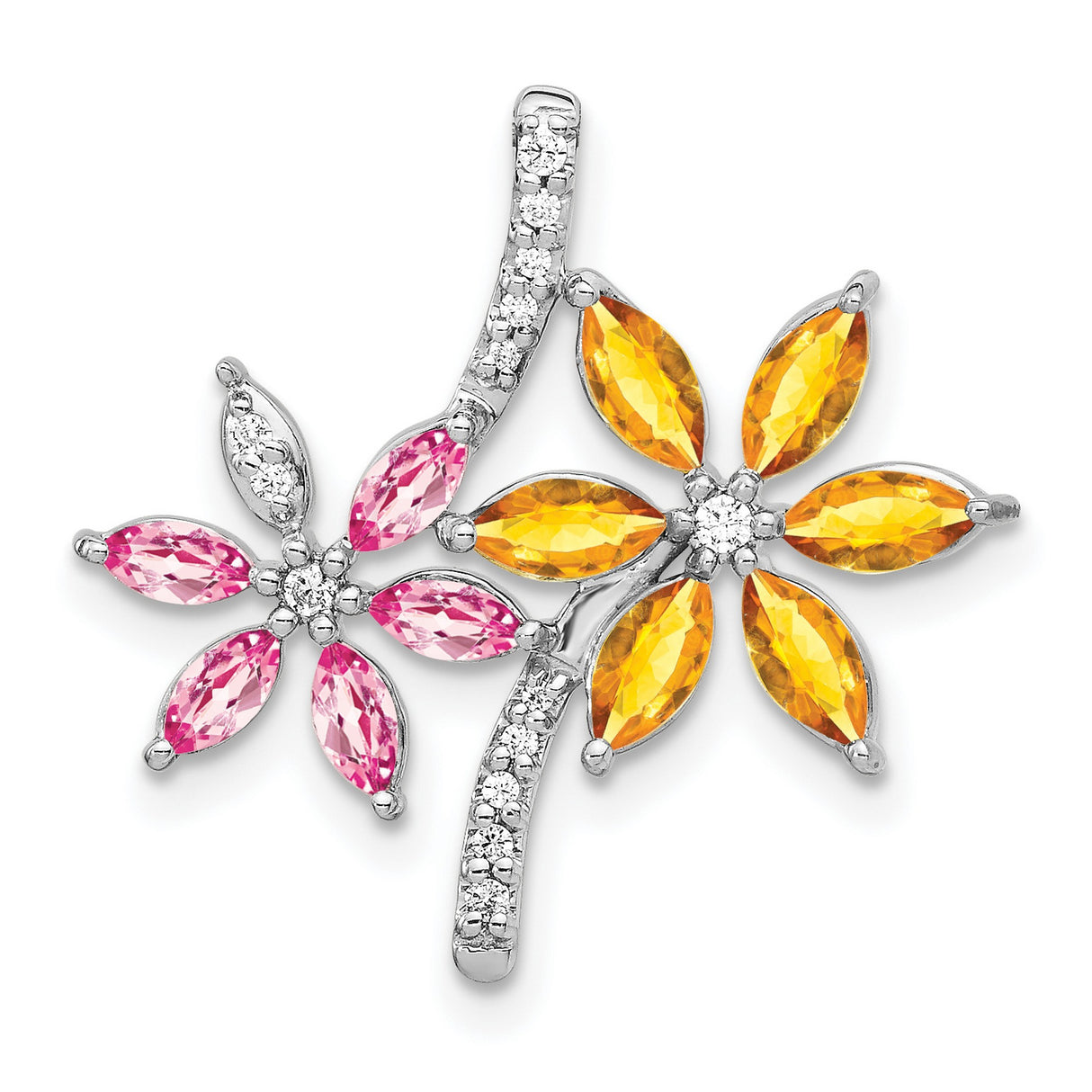 14k White Gold Floral Pendant with Citrine, Pink Tourmaline, and Diamond Accents